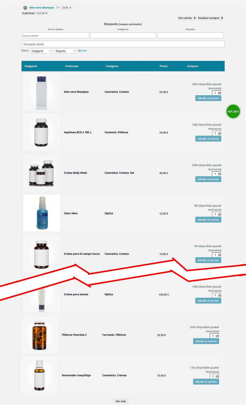 vista tabla listado producto compra rápida